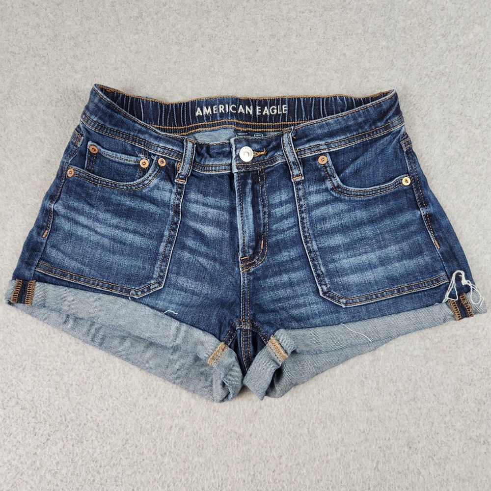 American Eagle Denim Shorts Womens 0 Blue Whiskering Easy Shortie Stretch Cuffed